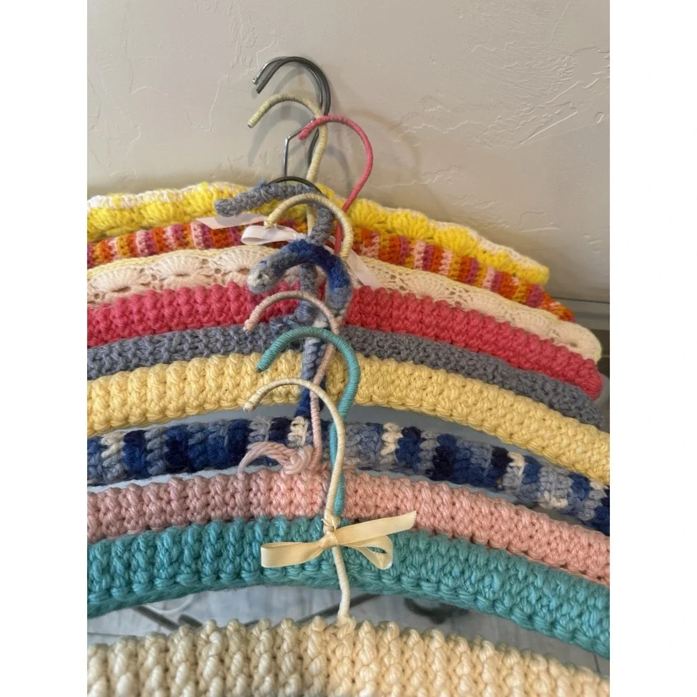 10 PC Vtg 70s Handmade Crochet Padded Clothes Hanger Lot Retro Cottagecore Boho